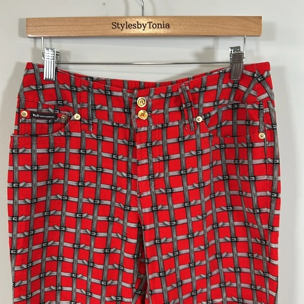 Dolce and Gabbana Velvet Pants Belt Check Print Red Checkered Womens Y2K D&G 10 - Picture 2 of 13